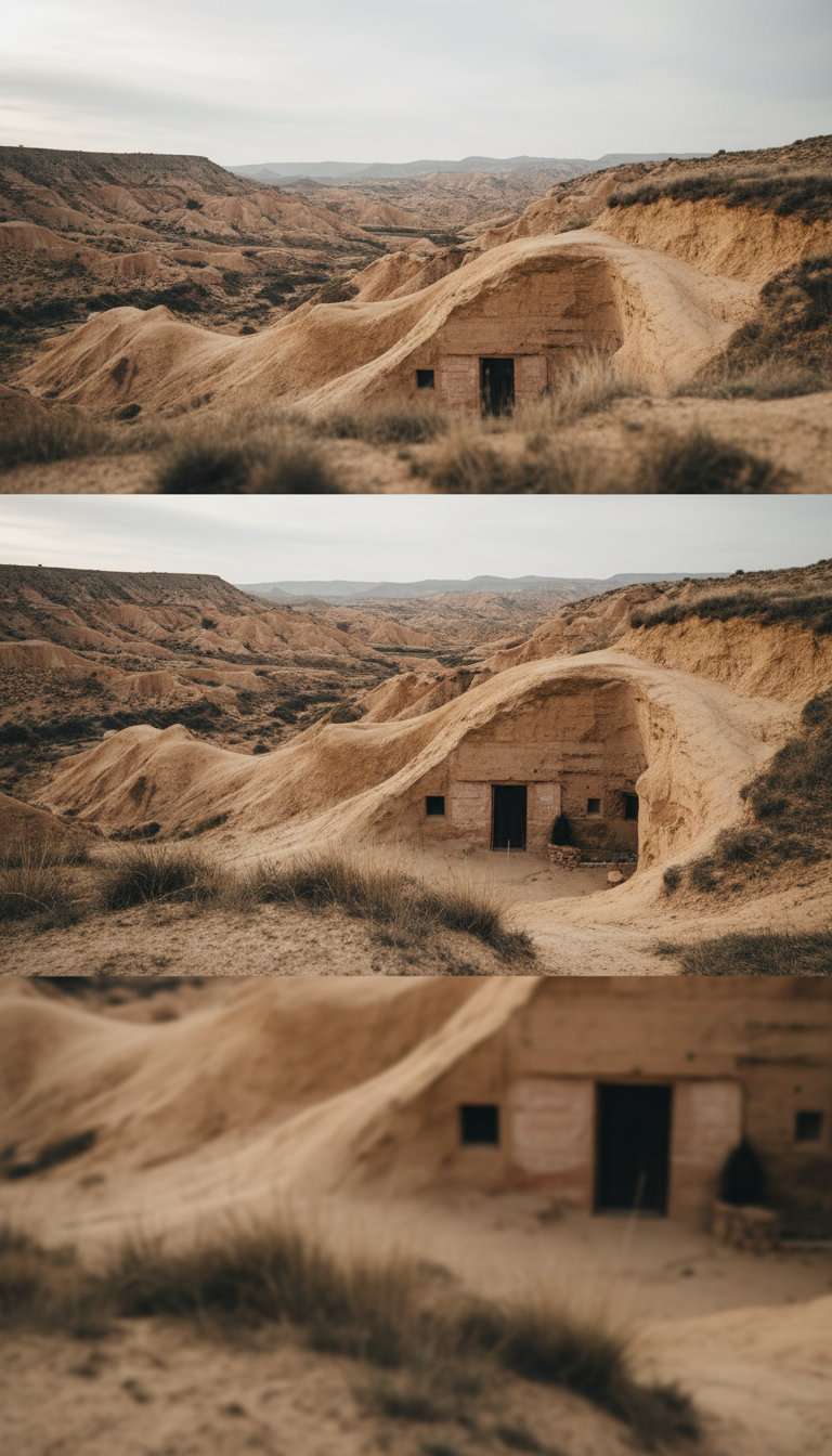 A stunning panoramic view from the entrance of a traditional cave house set in the rugged, sculpted clay hills of the Bácor badlands, featuring subtly textured earth-toned stone and the unique organic contours of the cave façade. The setting overlooks undulating ochre and sienna hills beneath a soft, muted sky, with sparse wild grasses dotting the foreground. Gentle, overcast daylight infuses the scene with diffused highlights and smooth shadows, emphasizing the tranquil beauty of the landscape. Shot from a slightly elevated angle for a majestic yet minimalist composition, the image feels serene and refined, capturing the essence of an elegant rural retreat in photographic realism with a muted palette and elegant simplicity.