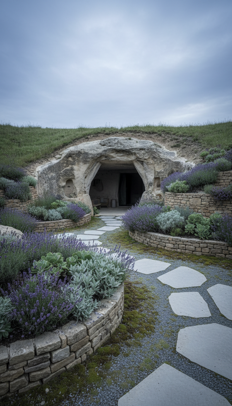 A wide perspective of a sophisticated cave accommodation courtyard subtly landscaped with indigenous plants—lavender, sage, and low succulents—in raised stone beds. The natural cave entrance is elegantly integrated into a gentle earthen slope, surrounded by minimalist stone paths and soft, muted ground cover. Overcast daylight brings out gentle color transitions and cool, understated shadows, while maintaining a peaceful, muted atmosphere. Composed from a diagonal angle, the image emphasizes the interplay between refined architectural interventions and the rugged, minimalist rural terrain. The mood is both exclusive and inviting, aligning with high-end rural hospitality through photographic realism and elegant simplicity.