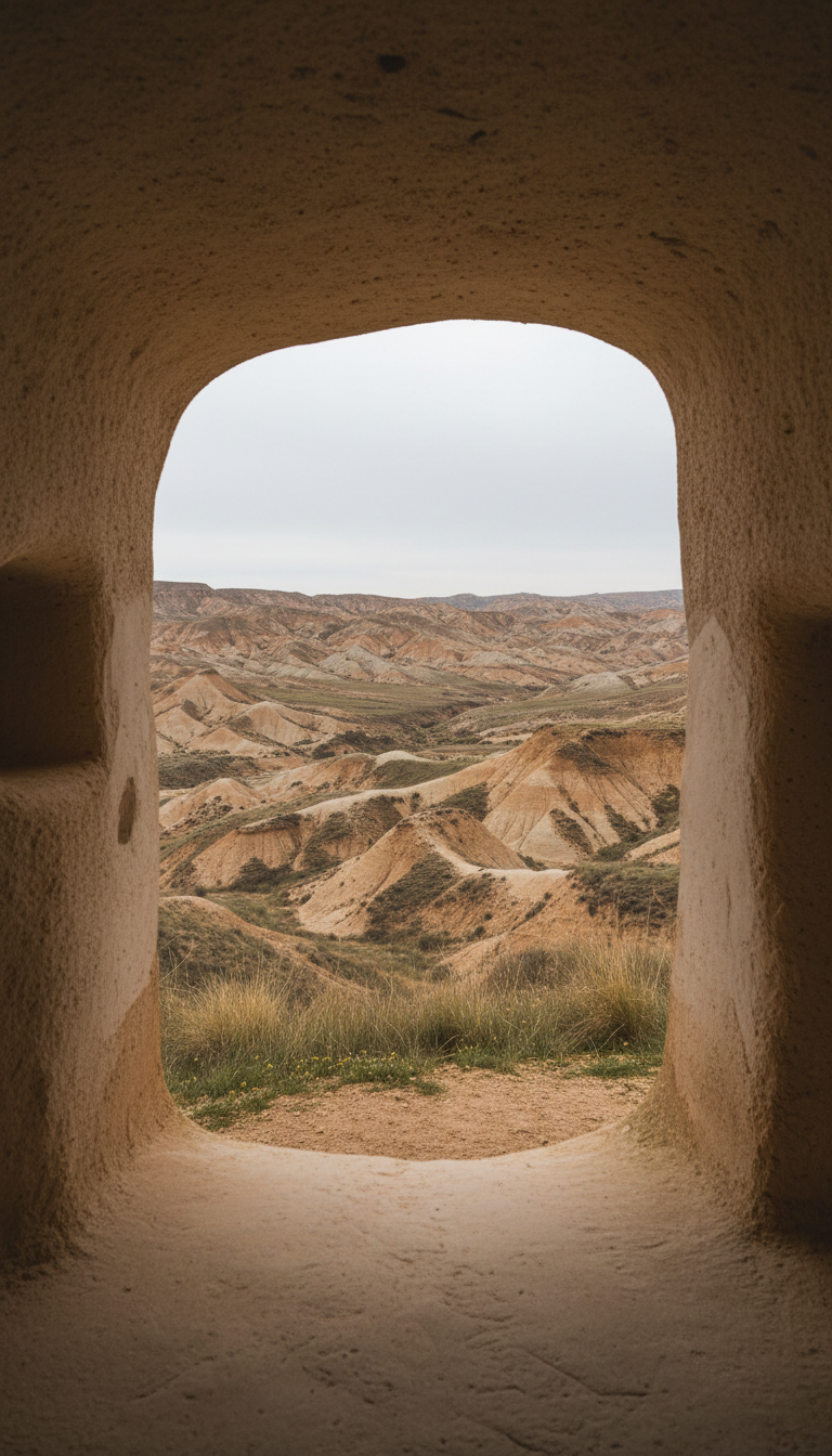 A stunning panoramic view from the entrance of a traditional cave house set in the rugged, sculpted clay hills of the Bácor badlands, featuring subtly textured earth-toned stone and the unique organic contours of the cave façade. The setting overlooks undulating ochre and sienna hills beneath a soft, muted sky, with sparse wild grasses dotting the foreground. Gentle, overcast daylight infuses the scene with diffused highlights and smooth shadows, emphasizing the tranquil beauty of the landscape. Shot from a slightly elevated angle for a majestic yet minimalist composition, the image feels serene and refined, capturing the essence of an elegant rural retreat in photographic realism with a muted palette and elegant simplicity.
