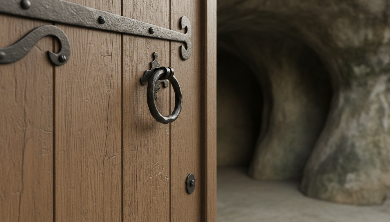 A close-up detail of a rustic, handcrafted wooden door, partially open to reveal the cool, textured entrance of a cave dwelling. The door’s surface shows fine grain, discrete matte patina, and elegant ironwork hardware, all highlighted by late afternoon natural light that softly grazes the tactile materials and creates minimal, refined shadows. The cave’s gentle stone curves recede into the background, their subtle color shifts lending quiet depth. The frame emphasizes textures and craftsmanship—shot at an oblique angle with a balanced focus for a sense of both precious detail and spacious serenity. Minimalist and photographic in style, the image suggests authenticity and timeless tranquility relevant to rural luxury.