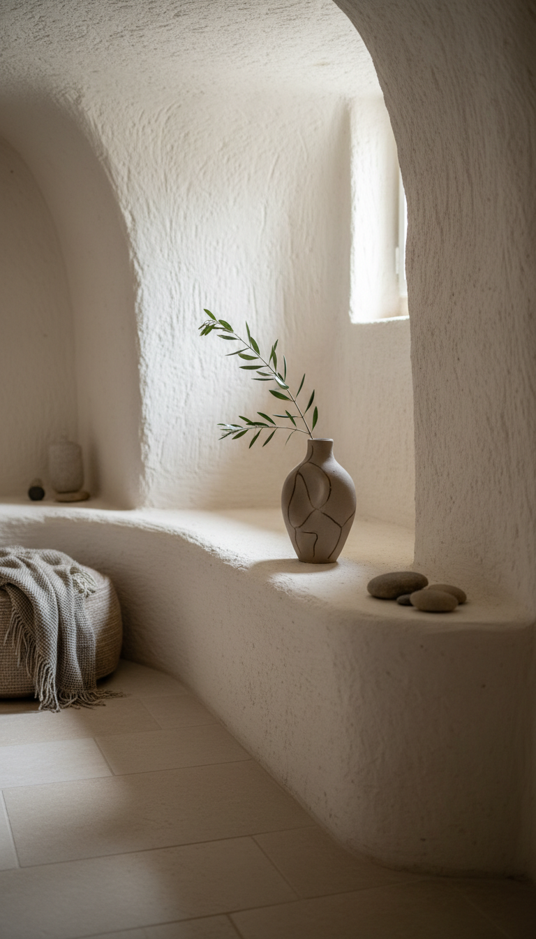 A meticulously styled interior nook of a sophisticated cave accommodation, highlighting a handmade ceramic vase atop a built-in, curved sandstone ledge. The textured, creamy-white cave walls envelop the scene, accented by subtle gradients from filtered daylight entering through a minimalist window. The décor incorporates natural materials in muted taupes and warm greys, with a single olive branch emphasizing minimalism. Soft, natural light caresses the surfaces, casting gentle highlights and faint shadows, creating an atmosphere of understated luxury. Captured at eye-level with shallow depth of field for intimacy, the photographic realism and refined details evoke a calm, welcoming mood in alignment with high-end rural escapes.