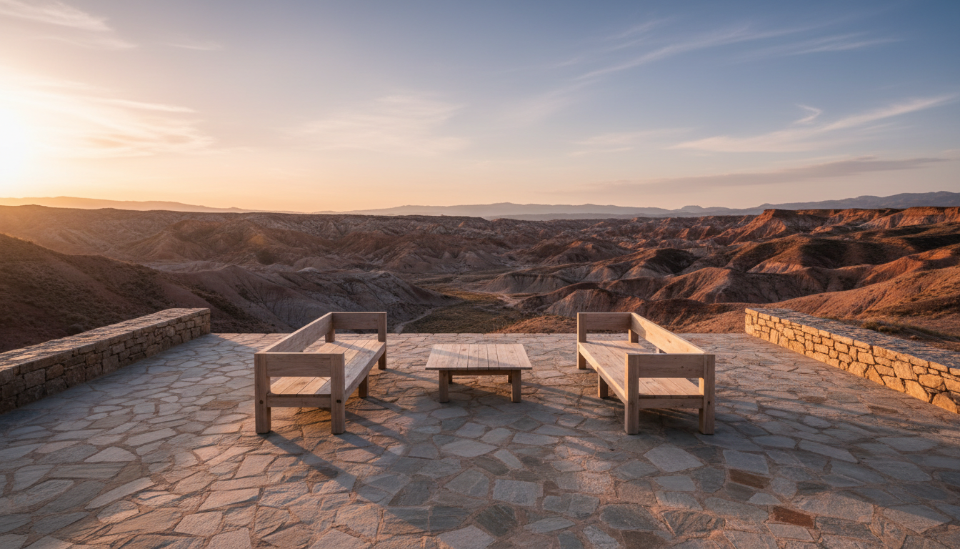 An elegantly set outdoor stone terrace framed by the undulating landscape of the Granada Geopark. The terrace features minimalist wooden furniture in pale, weathered tones, arranged symmetrically against a backdrop of dramatic badlands terrain. The low, natural stone walls harmonize with the muted palette of the surrounding earth colors. The scene is bathed in soft evening light, producing subtle gradients across the surfaces and creating delicate, elongated shadows, which add depth and warmth. Photographed from a low, wide angle to accentuate both the refined outdoor living area and the expansive rural view, the composition is balanced and uncluttered, evoking sophistication and a sense of peaceful isolation.
