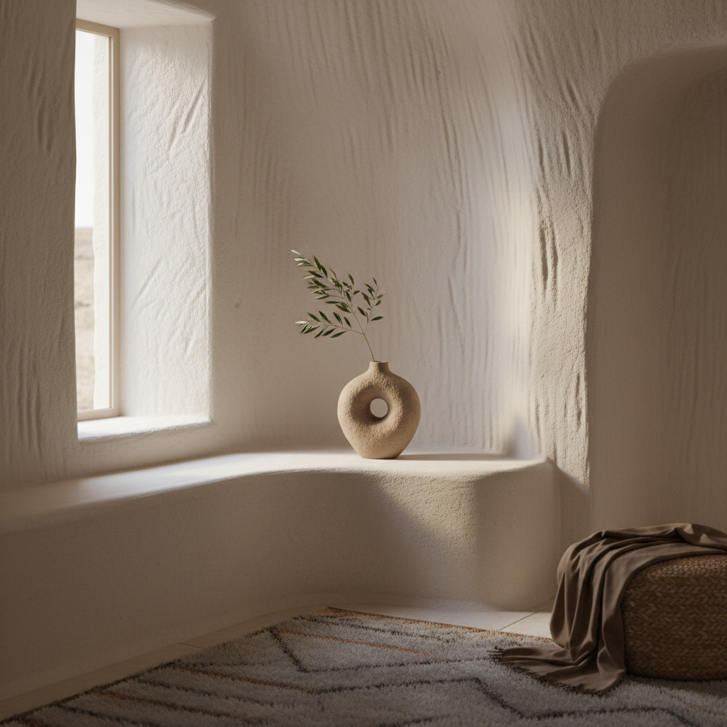 A meticulously styled interior nook of a sophisticated cave accommodation, highlighting a handmade ceramic vase atop a built-in, curved sandstone ledge. The textured, creamy-white cave walls envelop the scene, accented by subtle gradients from filtered daylight entering through a minimalist window. The décor incorporates natural materials in muted taupes and warm greys, with a single olive branch emphasizing minimalism. Soft, natural light caresses the surfaces, casting gentle highlights and faint shadows, creating an atmosphere of understated luxury. Captured at eye-level with shallow depth of field for intimacy, the photographic realism and refined details evoke a calm, welcoming mood in alignment with high-end rural escapes.