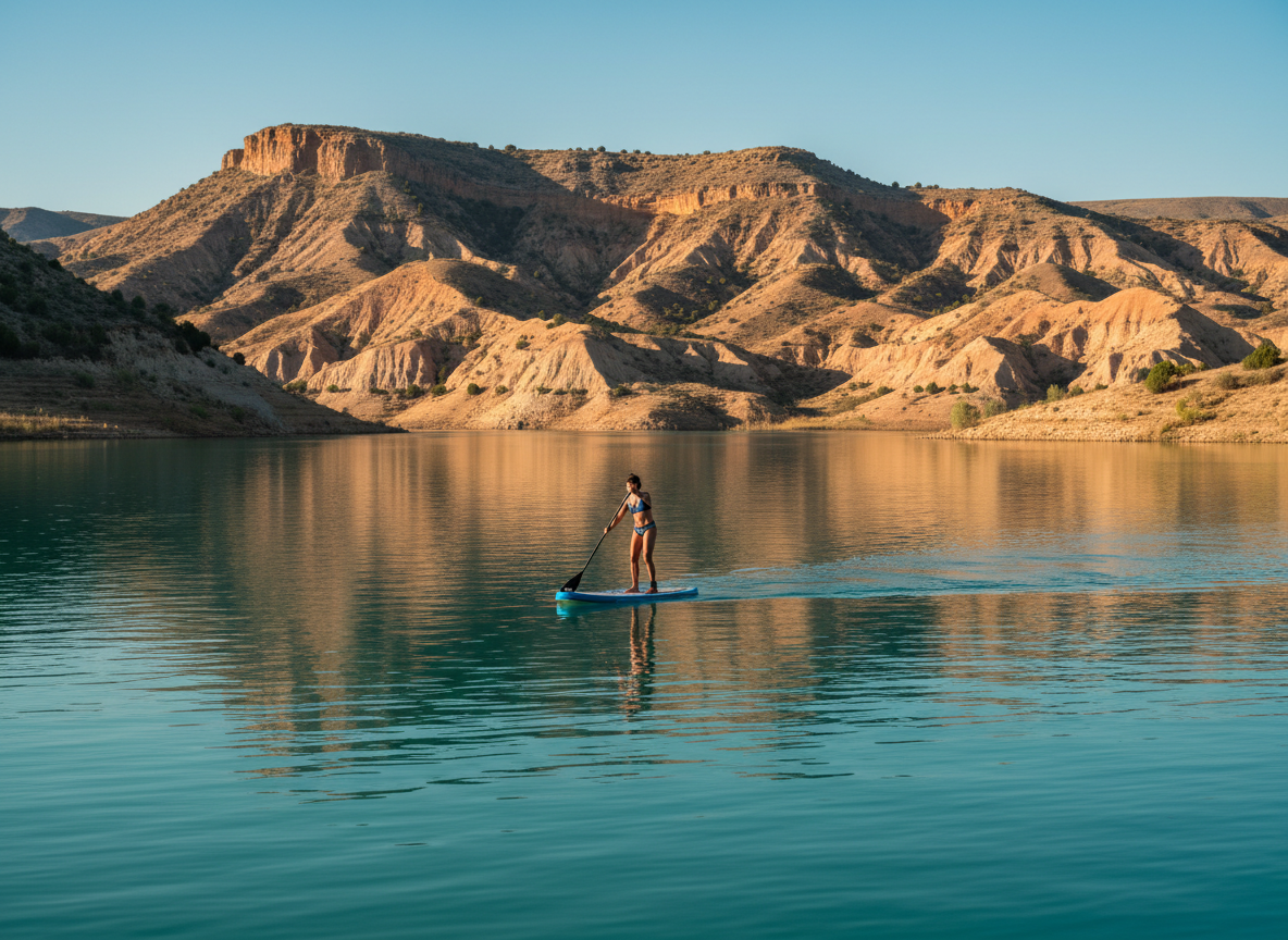 Person enjoying paddle surf on the Negratín Reservoir in Granada, Spain, with turquoise calm water, rugged ochre badlands hills in the background, soft natural light, minimalist and serene rural tourism style