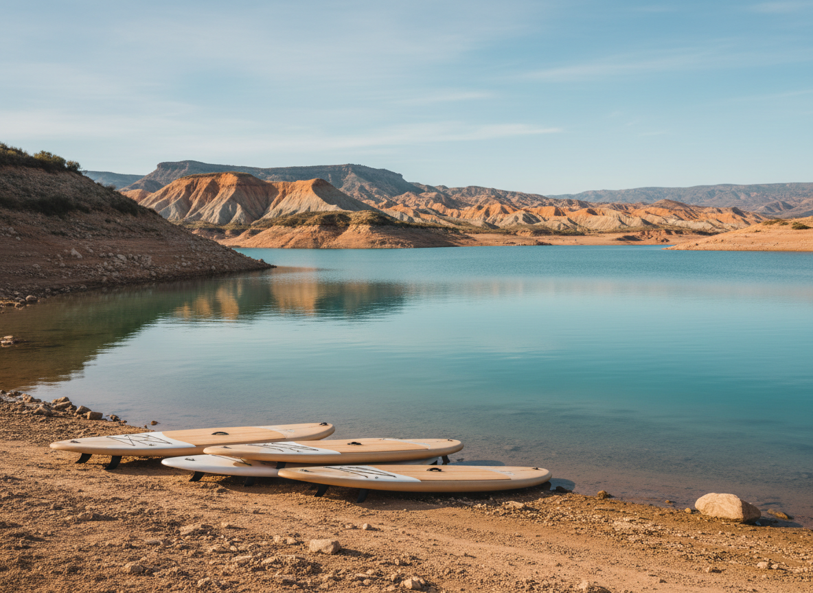 Detail view of paddle surf boards on the shore of the Negratín Reservoir in Granada, Spain, with turquoise water, earthy shoreline, and the badlands landscape in the distance, minimalist, calm and high-end rural tourism style